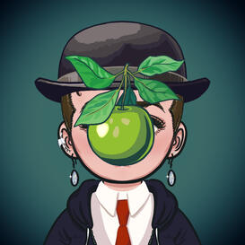 Chibi flat art bust of a white woman with silver dangly earrings and ear cuffs. She's wearing a black bowler hat, a white collared shirt, a read tie, and a navy hoodie. There's a green apple with leaves attached obscuring most of the woman's face in the st